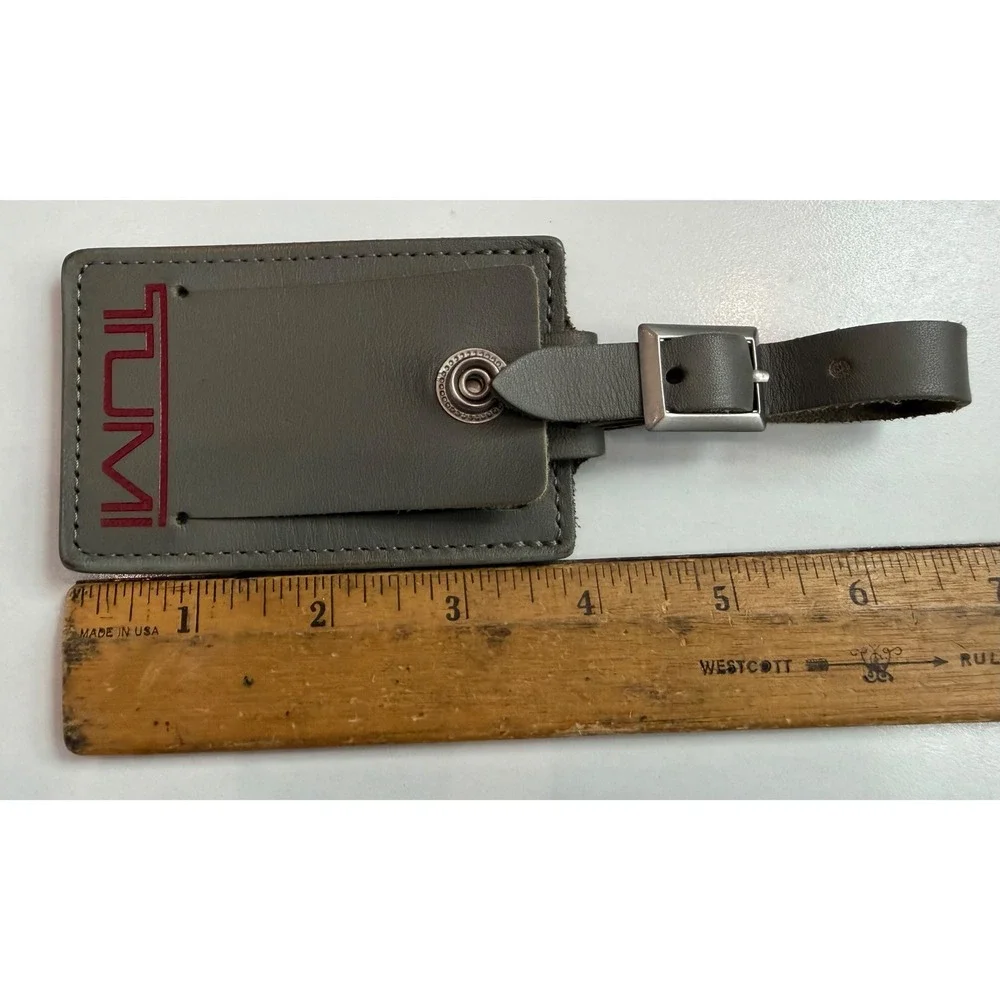 Tumi Grey Leather Luggage Tag Red Logo Buckle Strap Travel Accessory